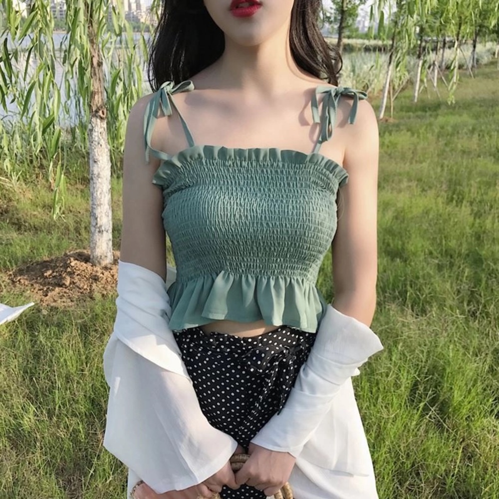 Green Smocked Crop Top with Ribbons (XS)
